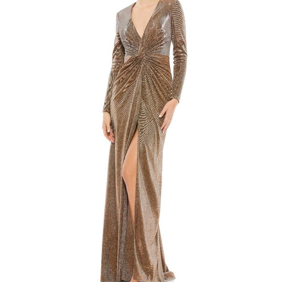 Ieena for Macduggal Bronze METALLIC TWIST FRONT PLUNGING LONG SLEEVE GOWN Sz:12